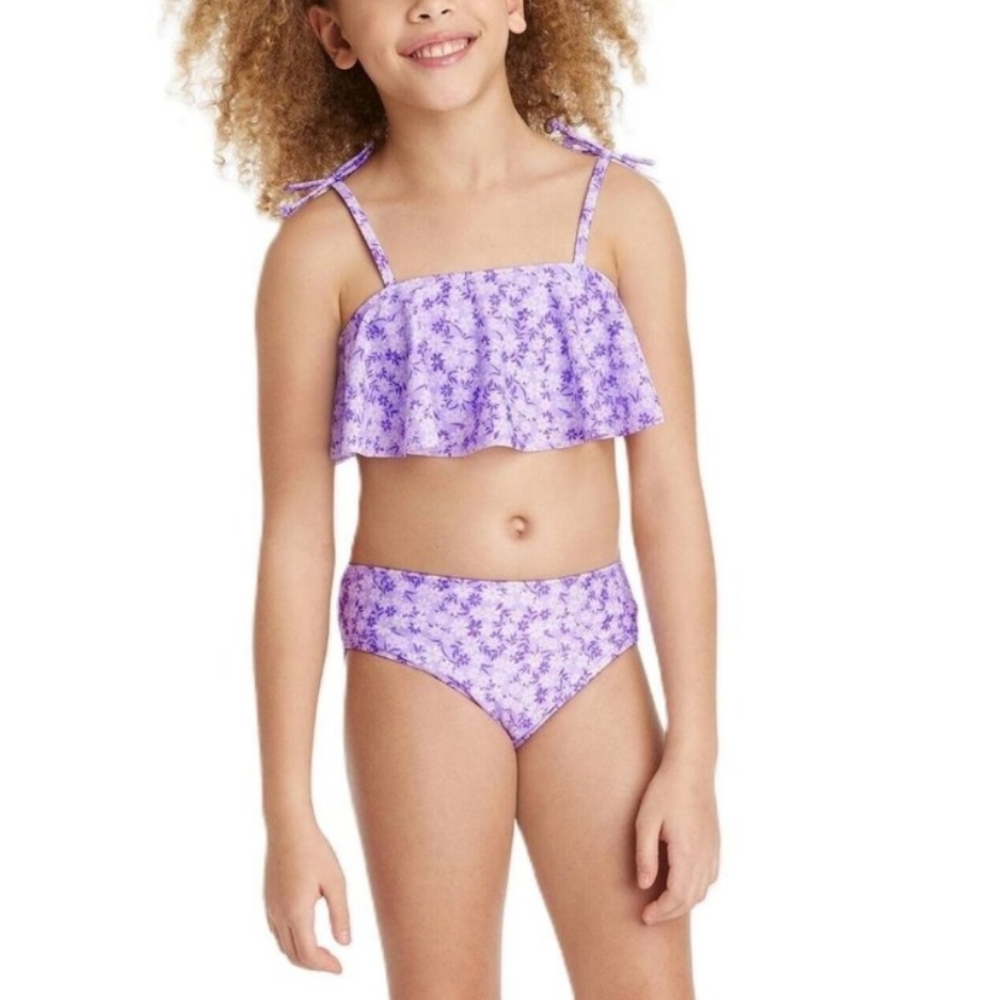 Art Class Girl's Lavender Floral Flounce Bikini Swimwear Set Size XS (4-5)